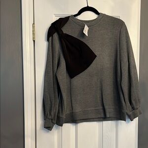 Beulah Gray Crew Neck Sweater with Black Bow